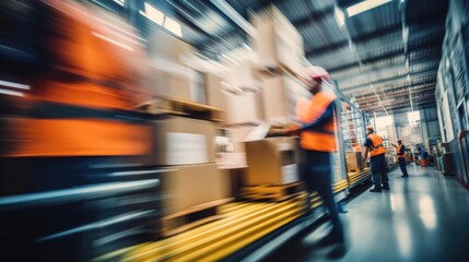 Blurred image of warehouse employees in action moving shipment boxes efficiently