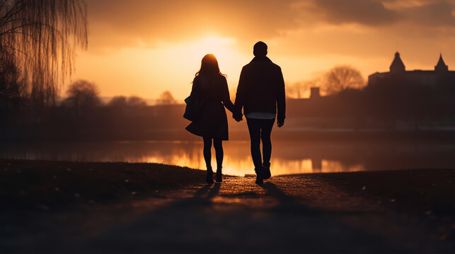 dark silhouette image of a lovely couple go for a walk . 