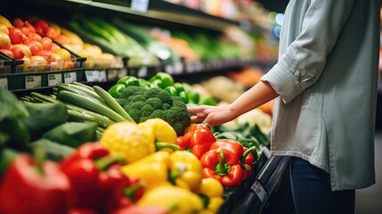 Closeup candid photograph of a woman shopping for groceries fruits and vegetables in a grocery supermarket store aisle