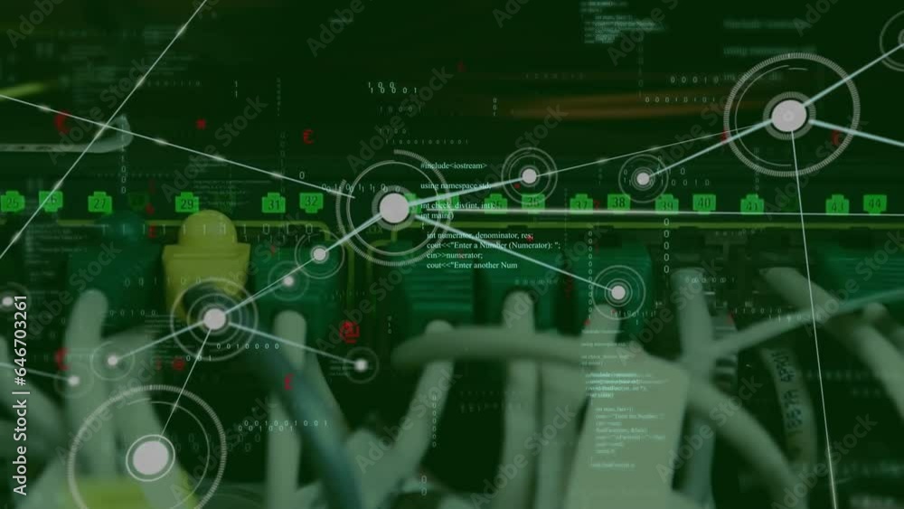 Poster animation of network of connections and data processing against close up of a computer server