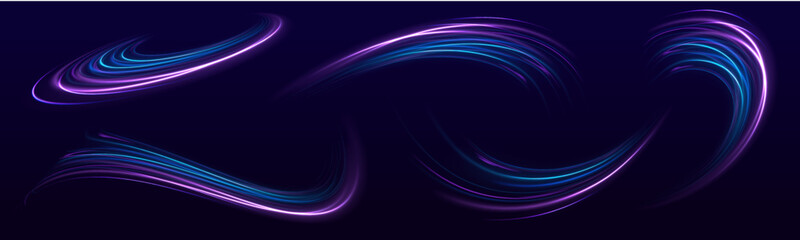Big data traffic visualization, dynamic high speed data streaming traffic. Purple glowing wave swirl, impulse cable lines. Futuristic dynamic motion technology. Magic of moving fast lines.