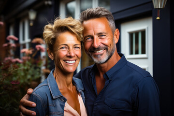 A couple posing together. Photo of married couple smiling together holding