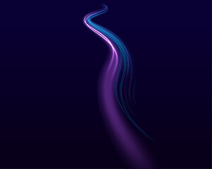 Elegant bright neon linear wave. Speed light streaks vector background with blurred fast moving light effect, blue purple colors on black. Curved light trail stretched upward. Fast speed car. 