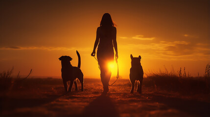 dark silhouette image of a women walking with dog . 
