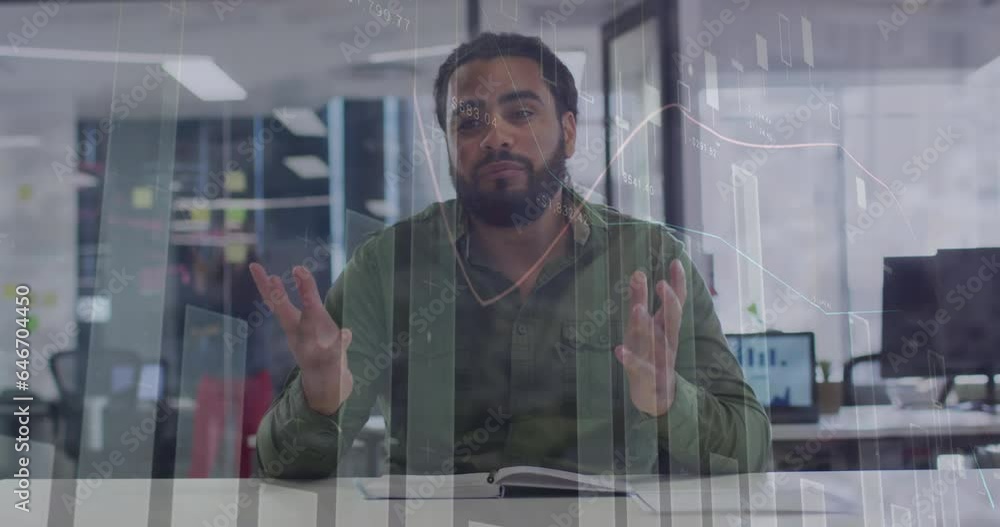 Poster animation of statistical data processing on portrait of biracial man talking on video call at office