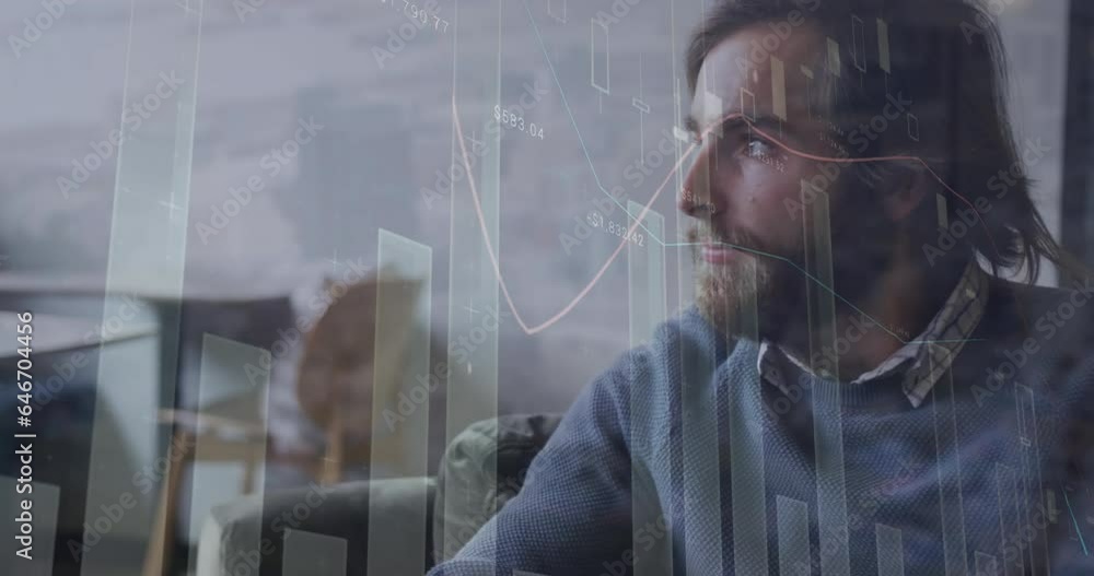 Aufkleber animation of statistical data processing against thoughtful caucasian man at office