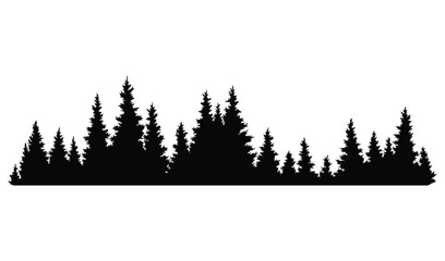 Fir trees silhouette. Coniferous spruce horizontal background pattern, black evergreen woods vector illustration. Beautiful hand drawn panorama of coniferous forest - obrazy, fototapety, plakaty