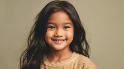 A joyful little brunette girl, donning neutral attire, showcases a beaming toothy grin against a beige studio background. Generative AI