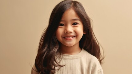 Fototapeta premium Joyful child with a radiant smile, dressed in neutral colors, on a beige studio background. Generative AI