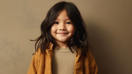 Joyful child with a radiant smile, dressed in neutral colors, on a beige studio background. Generative AI