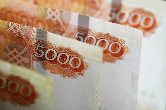 Banknotes with inscription "five thousand rubles". Russian money face value of five thousand rubles. Close-up of Russian rubles . The concept of Finance.Background and texture of money