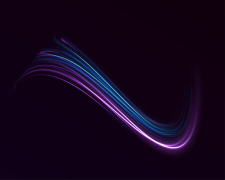 Purple and blue curve lines, cyber technology, fiber optic, isolated design element on dark transparent background. Electric wavy trail. Neon lines of speed and fast wind. Vector.