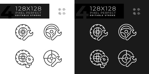2D pixel perfect icons collection representing car repair and service, editable dark and light thin line illustration.