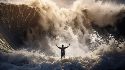 Tsunami Big waves. Stormy ocean wave, A man standing in the middle of a huge wave