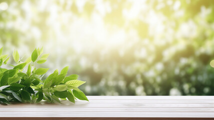 Window, plant on white wooden windowsill, blur summer background