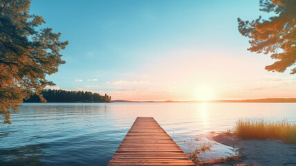 Sunrise, sunset on lake, beautiful peaceful summer landscape