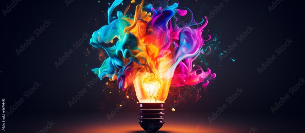 Wall mural creative light bulb explodes with colorful paint and colors. new idea, brainstorming concept. banner