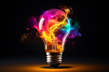 Creative light bulb explodes with colorful paint and colors. New idea, brainstorming concept. Banner - obrazy, fototapety, plakaty
