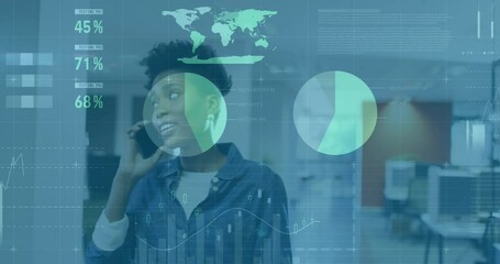 Animation of data processsing against african american woman talking on smartphone at office - Powered by Adobe