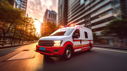 a Medical emergency ambulance driving during traffic jam on city road. rush hour concept. Ambulance. Generative Ai - obrazy, fototapety, plakaty