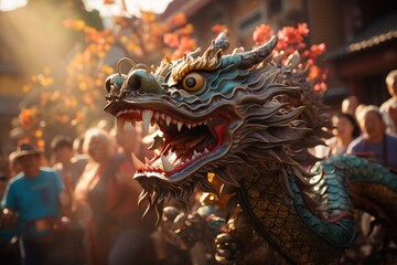 Obraz premium Dragon Dance: Vibrant dragon dancers parade through the streets, symbolizing power and luck. Generated with AI