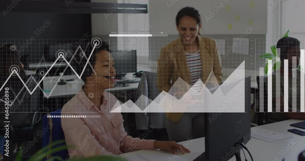 Poster animation of interface with statistical data processing over two diverse women discussing at office