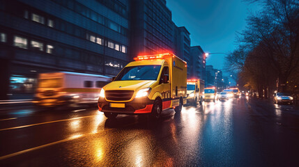 a Medical emergency ambulance driving during traffic jam on city road. rush hour concept. Ambulance. Generative Ai