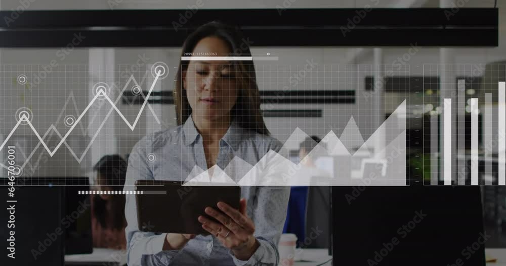 Poster animation of interface with statistical data processing against asian woman using tablet at office