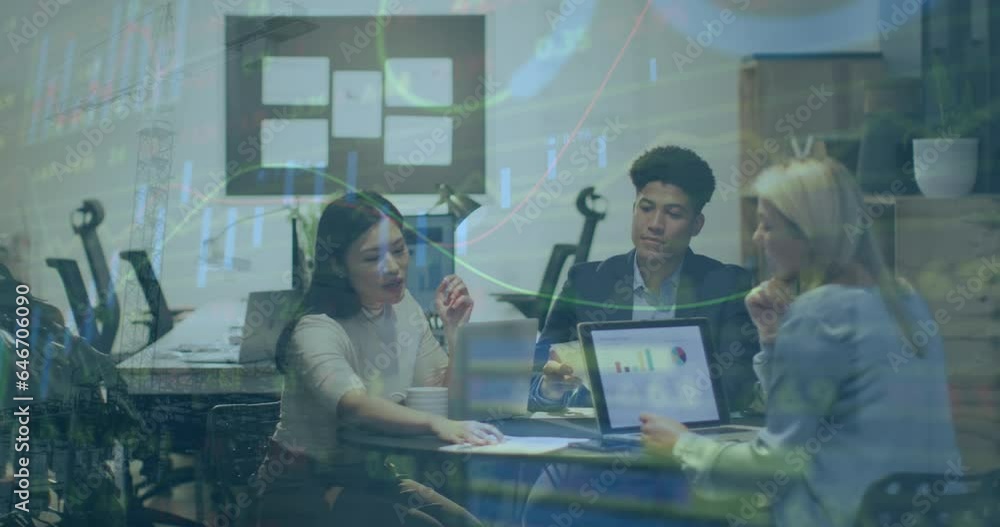 Poster animation of stock market data processing over group of diverse colleagues discussing at office
