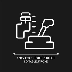 Obraz premium 2D pixel perfect editable white car gear box icon, isolated vector, thin line simple illustration representing car service and repair.