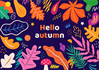 Fototapeta na wymiar Hello autumn. Autumn colorful illustration with autumn leaves