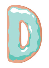 Cartoon cookies font. Vector letter baking in colored glaze. Creative gingerbread typography design. Childhood sweet donut. Letter D
