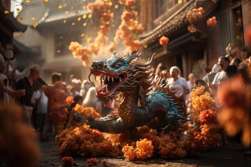 Dragon Dance: Vibrant dragon dancers parade through the streets, symbolizing power and luck. Generated with AI