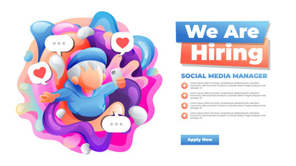 We are Hiring Social Media Manager Job Vacancy Banner Design With Modern Colorful Cartoon Illustration