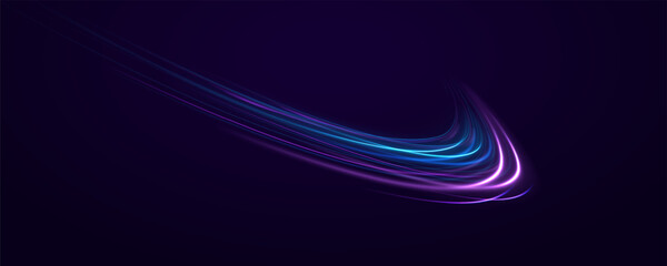 Neon lines of speed and fast wind. semicircular wave, light trail curve swirl, car headlights, incandescent optical fiber. cyber futuristic divider border, purple and blue laser beam isolated.