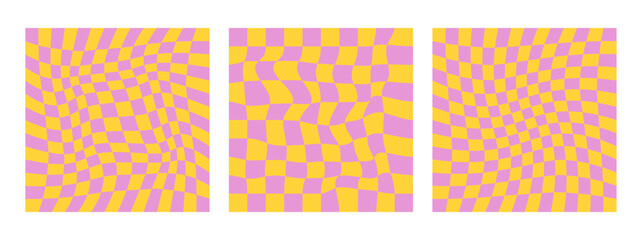 Twisted checkered colorful background. Abstract vector pattern. Retro wavy psychedelic checkerboard. Funky retro aesthetic prints for modern design. Y2k art. Yellow and pink colors