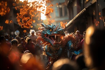 Dragon Dance: Vibrant dragon dancers parade through the streets, symbolizing power and luck. Generated with AI - obrazy, fototapety, plakaty