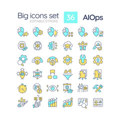 2D editable multicolor big line icons set representing AI ops, isolated vector, linear illustration.
