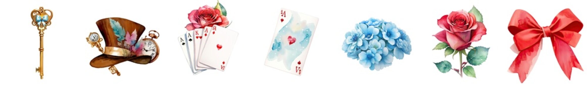Watercolor Alice in Wonderland Elements Mad Hatter Tea Party Clipart Keys Cards Tea Pot