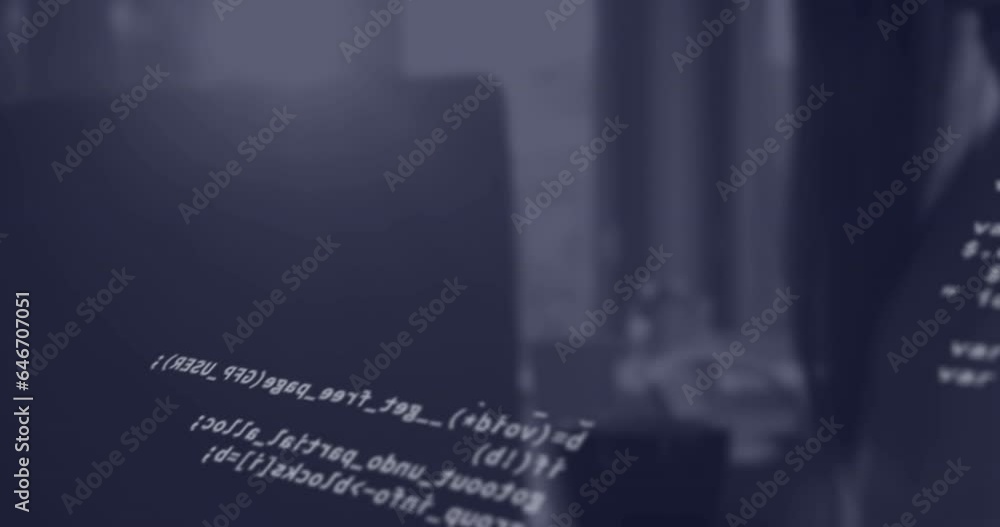 Poster animation of data processing and light spot against office desk