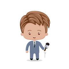 A cute chibi character reporter boy with suit and microphone