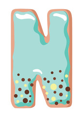 Cartoon cookies font. Vector letter baking in colored glaze. Creative gingerbread typography design. Childhood sweet donut. Letter N