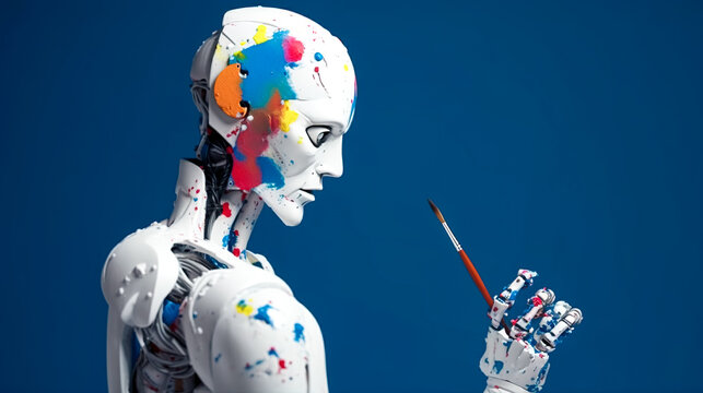 Humanoid robot holding a paint brush, generative AI.