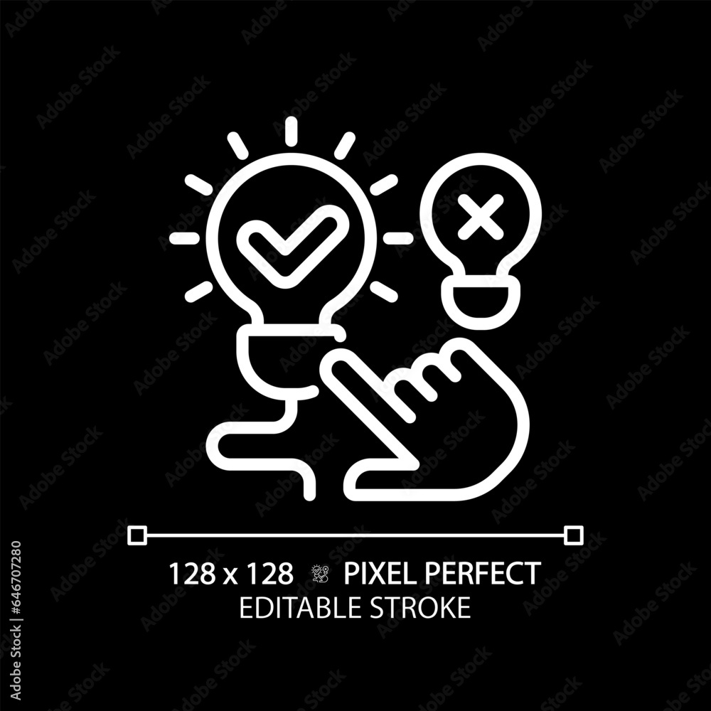 Poster 2d pixel perfect customizable white hand pointing at illuminated light bulb icon, isolated vector, t