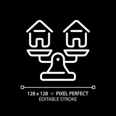 2D pixel perfect customizable white houses on weight scale icon, isolated vector, thin line illustration representing comparisons.