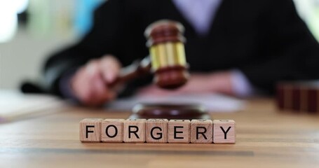 Forgery word judge with gavel in court. Submitting falsified evidence to court