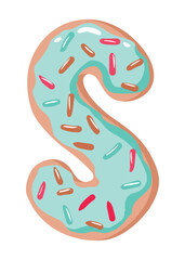 Cartoon cookies font. Vector letter baking in colored glaze. Creative gingerbread typography design. Childhood sweet donut. Letter S