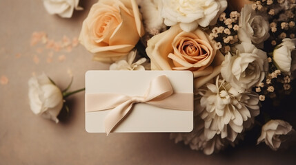 Beautiful white gift card in flowers bouquet. 