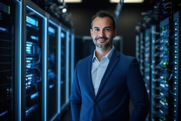 A young woman with a tablet computer stands in the middle of a server room. Collection and storage of large amounts of data. Checks the operation of servers and automation.