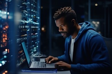 A young woman with a tablet computer stands in the middle of a server room. Collection and storage of large amounts of data. Checks the operation of servers and automation.
